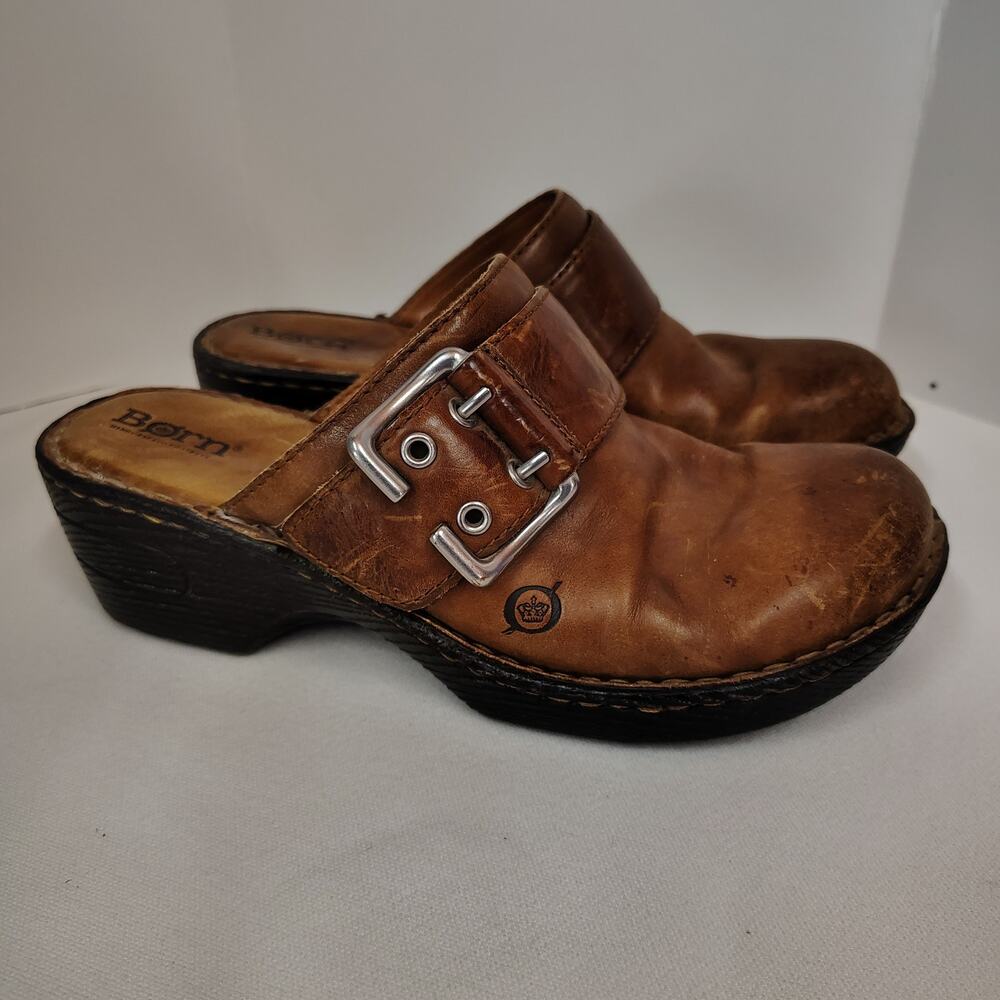 Born Leather Clog Mule Womens Size 7 Brown Buckle Comfort Slip On